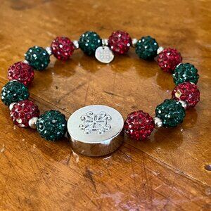 Rustic Cuff Red Green Silver Emerson Pave Rhinestone Stretch Logo Bracelet